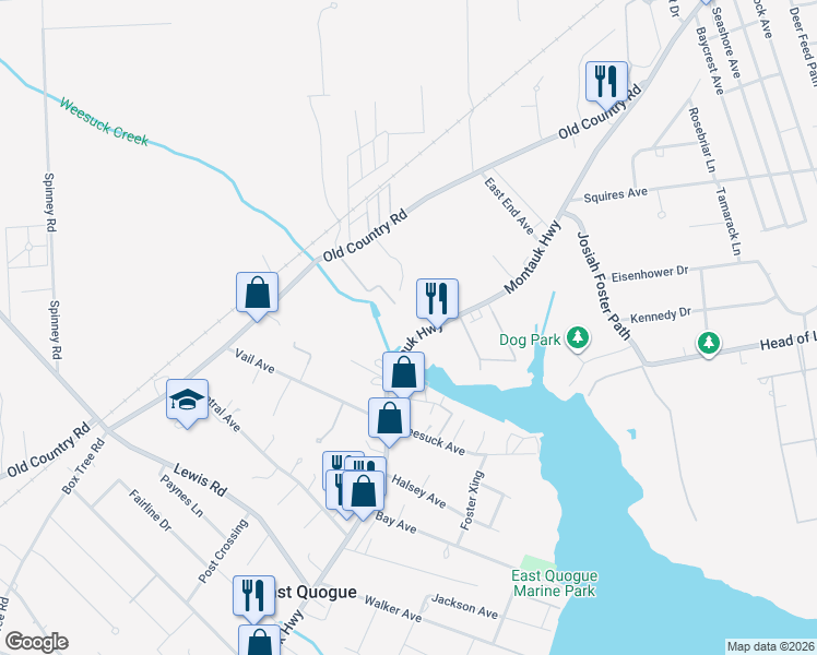 map of restaurants, bars, coffee shops, grocery stores, and more near 452 County Road 80 in East Quogue