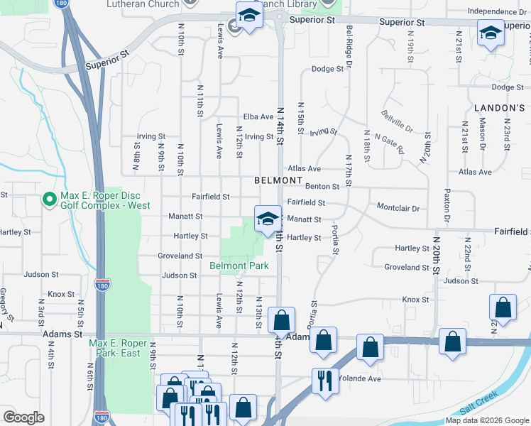 map of restaurants, bars, coffee shops, grocery stores, and more near 1300 Manatt Street in Lincoln