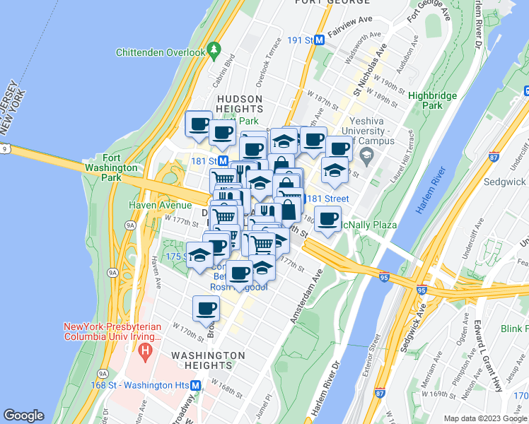 map of restaurants, bars, coffee shops, grocery stores, and more near West 179th Street in New York