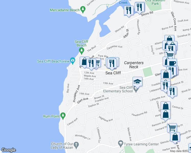 map of restaurants, bars, coffee shops, grocery stores, and more near Central Avenue in Sea Cliff