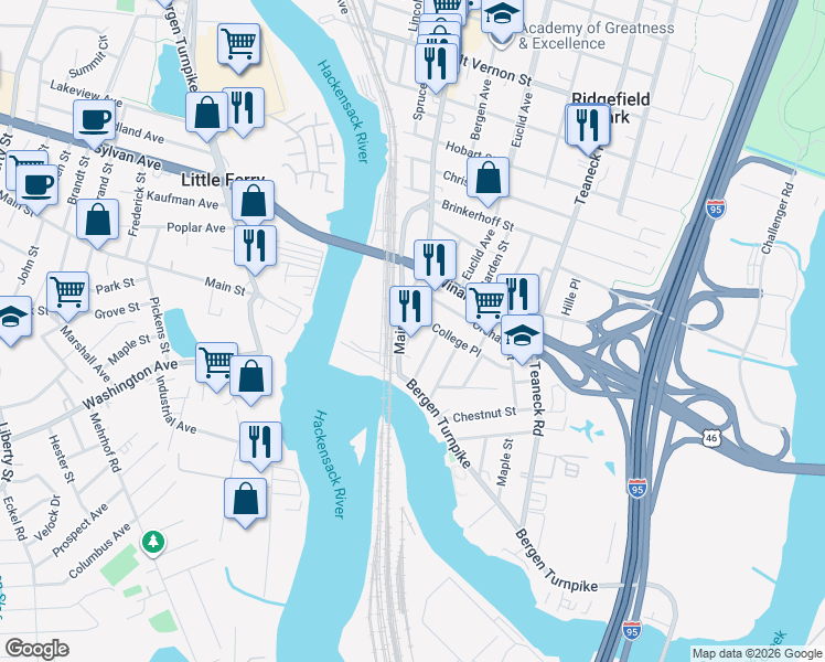 map of restaurants, bars, coffee shops, grocery stores, and more near 23 Ridgefield Avenue in Ridgefield Park