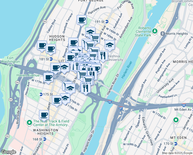 map of restaurants, bars, coffee shops, grocery stores, and more near 2440 Amsterdam Avenue in New York