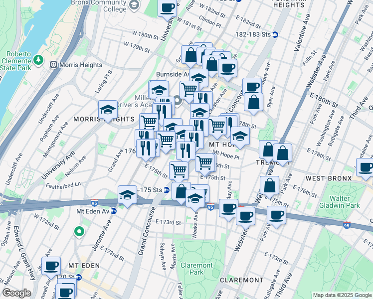 map of restaurants, bars, coffee shops, grocery stores, and more near 1865 Morris Avenue in The Bronx