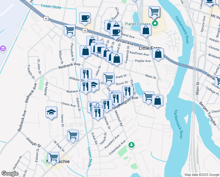 map of restaurants, bars, coffee shops, grocery stores, and more near 49 Marshall Avenue in Little Ferry