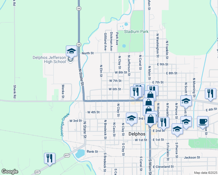 map of restaurants, bars, coffee shops, grocery stores, and more near 417 West 6th Street in Delphos
