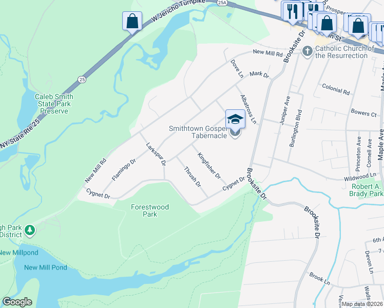 map of restaurants, bars, coffee shops, grocery stores, and more near 5 Thrush Drive in Smithtown