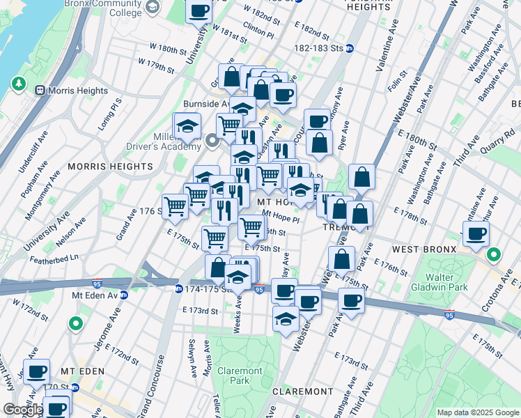 map of restaurants, bars, coffee shops, grocery stores, and more near in Bronx