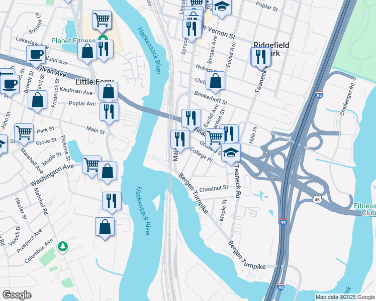 map of restaurants, bars, coffee shops, grocery stores, and more near 23 Ridgefield Avenue in Ridgefield Park