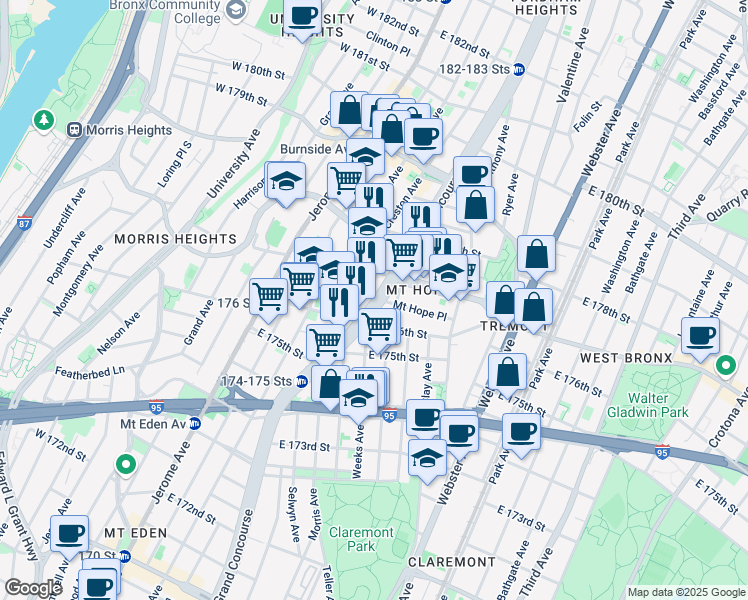 map of restaurants, bars, coffee shops, grocery stores, and more near 1859 Grand Concourse in Bronx