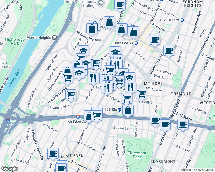 map of restaurants, bars, coffee shops, grocery stores, and more near 1749 Jerome Avenue in The Bronx