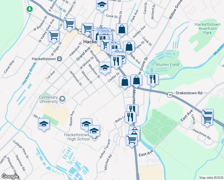 map of restaurants, bars, coffee shops, grocery stores, and more near 617 Madison Street in Hackettstown