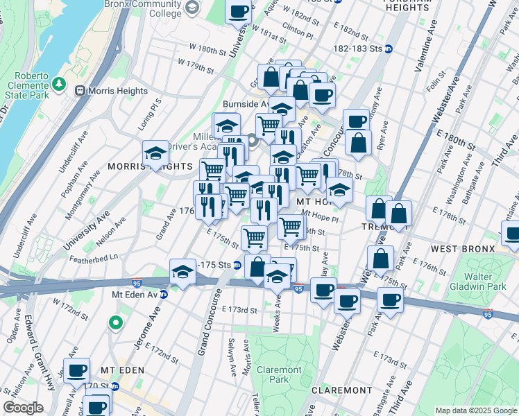 map of restaurants, bars, coffee shops, grocery stores, and more near 1865 Morris Avenue in The Bronx