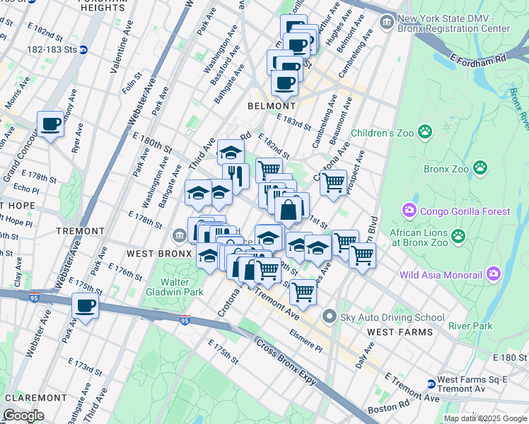 map of restaurants, bars, coffee shops, grocery stores, and more near E 180th St & Belmont Ave in Bronx