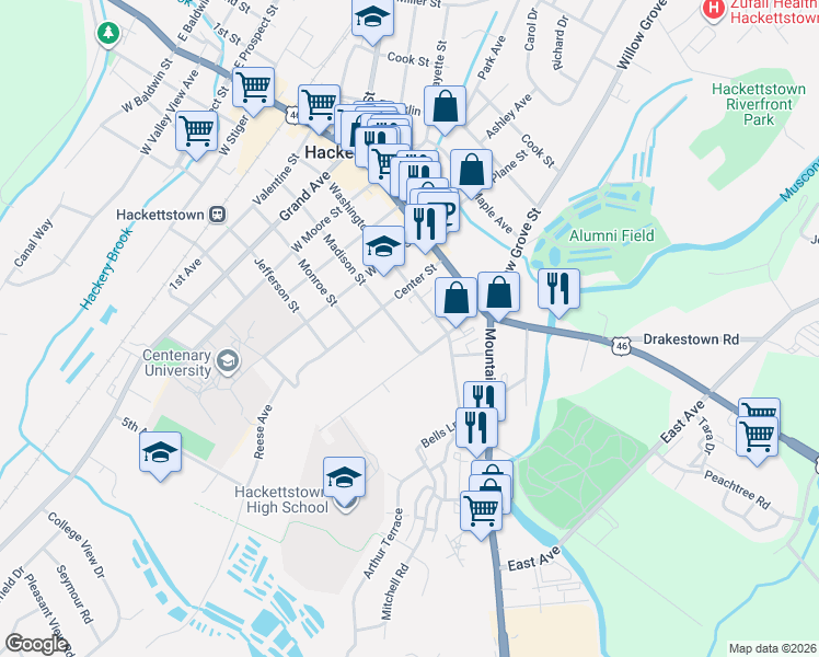 map of restaurants, bars, coffee shops, grocery stores, and more near 617 Madison Street in Hackettstown