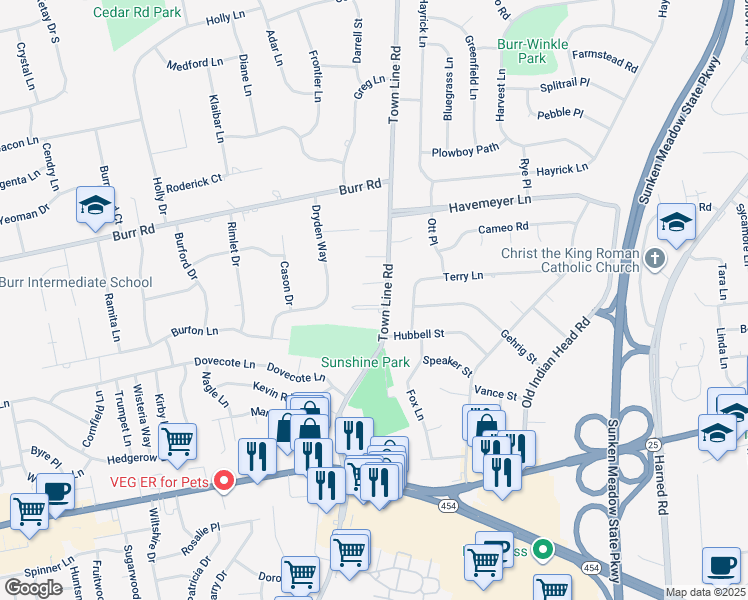 map of restaurants, bars, coffee shops, grocery stores, and more near 433 Town Line Road in Commack