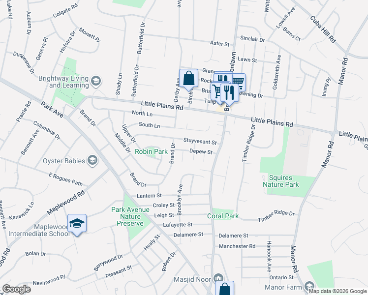 map of restaurants, bars, coffee shops, grocery stores, and more near 3 Denmark Court in Huntington