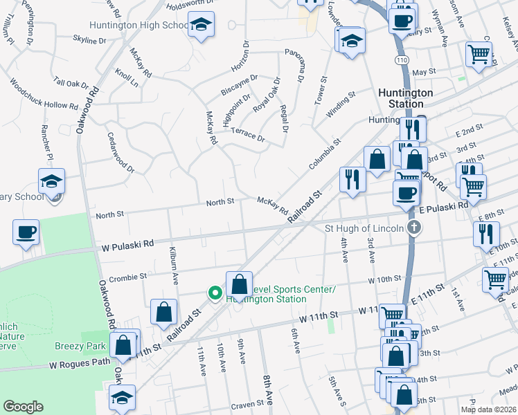 map of restaurants, bars, coffee shops, grocery stores, and more near 159 West Pulaski Road in Huntington Station
