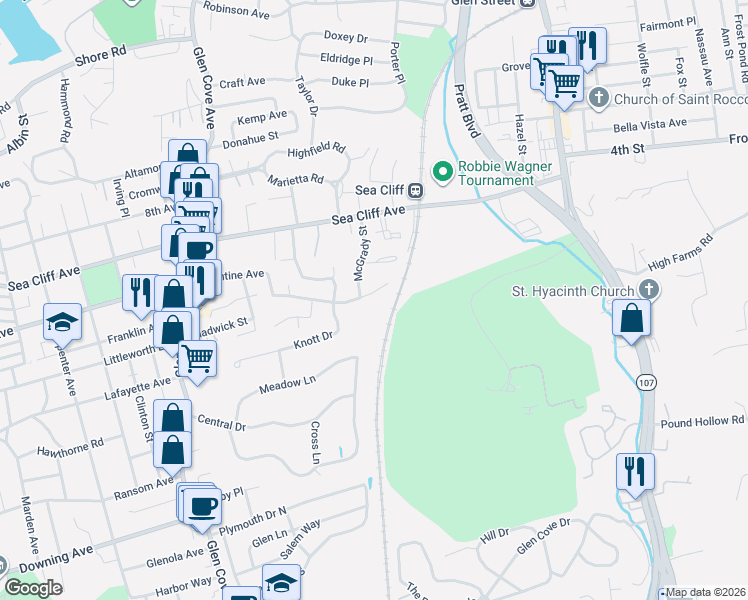 map of restaurants, bars, coffee shops, grocery stores, and more near 86 Valentine Avenue in Glen Cove