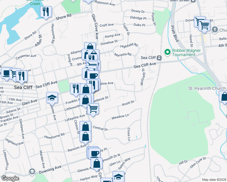 map of restaurants, bars, coffee shops, grocery stores, and more near 18 Alex Lane in Glen Cove