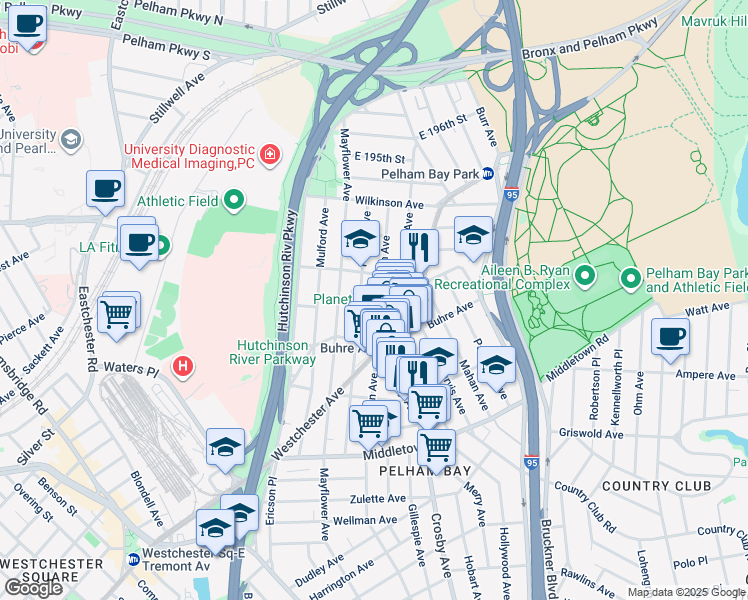 map of restaurants, bars, coffee shops, grocery stores, and more near 1824 Pilgrim Avenue in Bronx