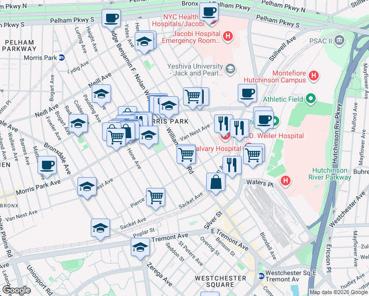 map of restaurants, bars, coffee shops, grocery stores, and more near 1632 Williamsbridge Road in Bronx
