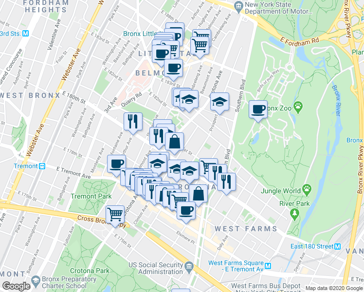 map of restaurants, bars, coffee shops, grocery stores, and more near 738 East 181st Street in Bronx