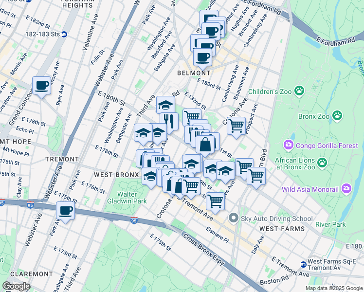 map of restaurants, bars, coffee shops, grocery stores, and more near 2072 Belmont Avenue in Bronx