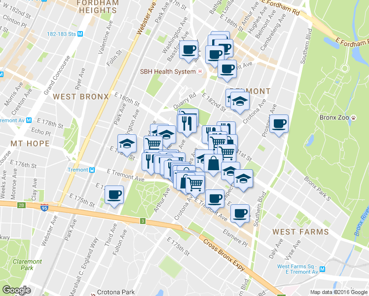 map of restaurants, bars, coffee shops, grocery stores, and more near 2023 Hughes Avenue in Bronx