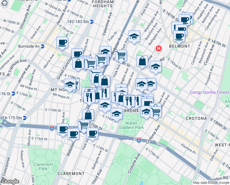 map of restaurants, bars, coffee shops, grocery stores, and more near 1948 Washington Avenue in The Bronx