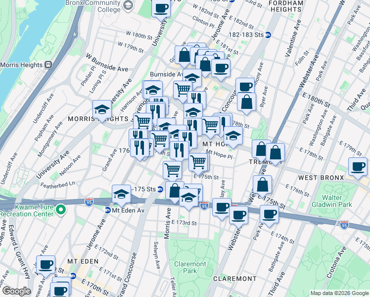map of restaurants, bars, coffee shops, grocery stores, and more near 149 East 176th Street in Bronx