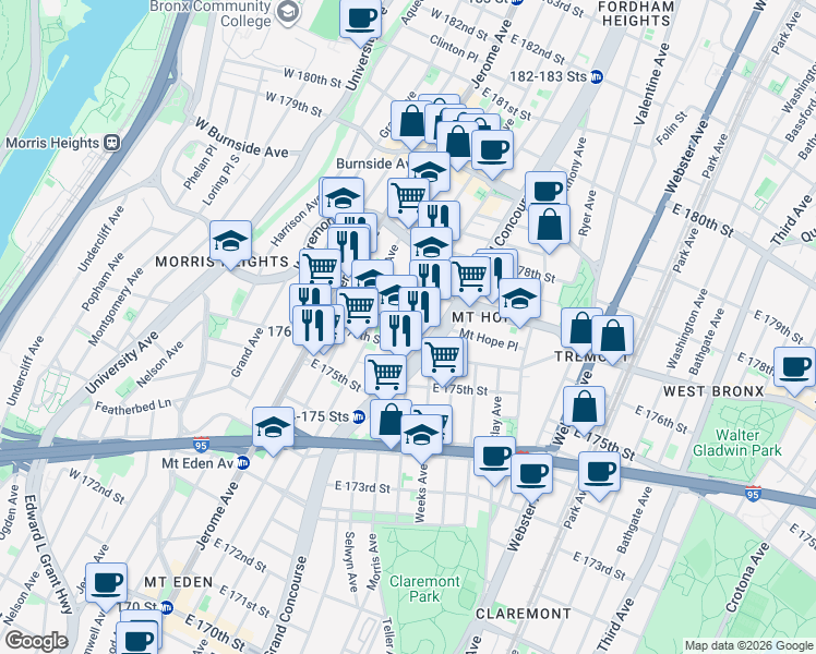 map of restaurants, bars, coffee shops, grocery stores, and more near 149 East 176th Street in Bronx