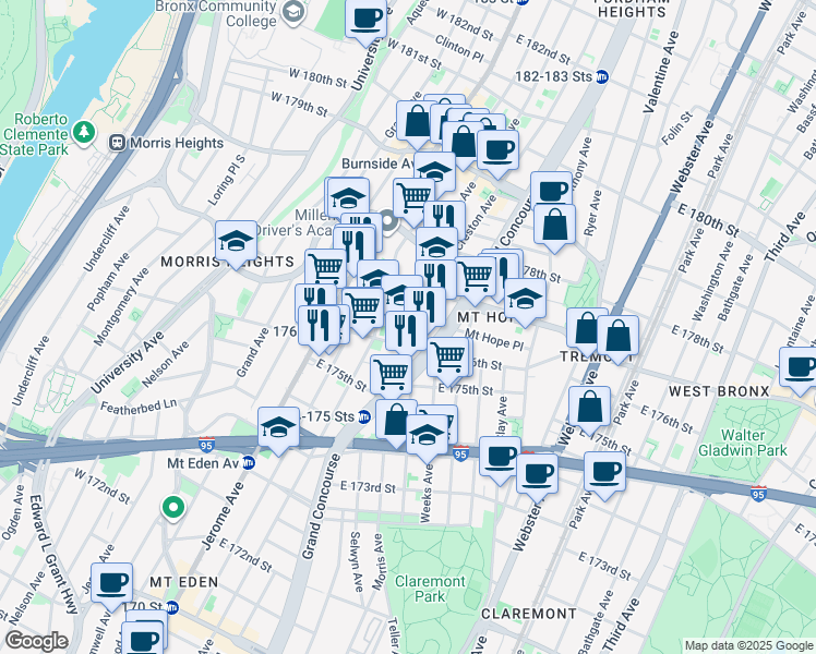 map of restaurants, bars, coffee shops, grocery stores, and more near 149 East 176th Street in Bronx