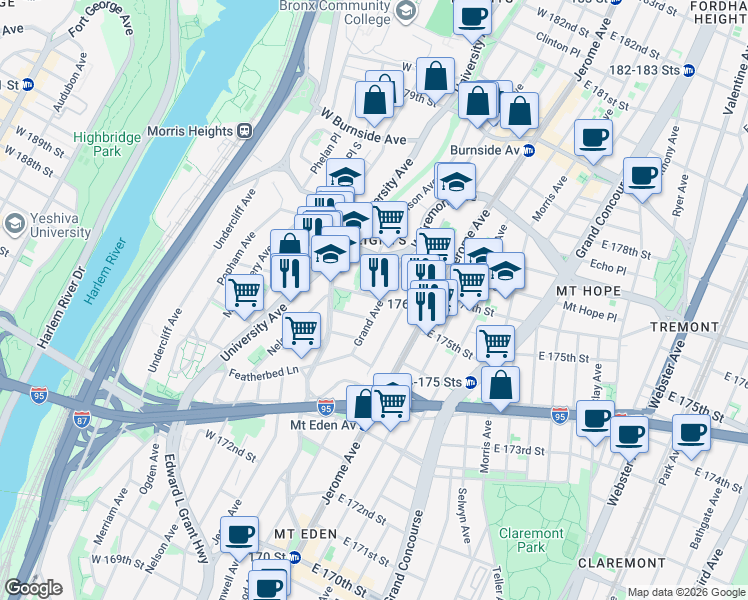 map of restaurants, bars, coffee shops, grocery stores, and more near in The Bronx