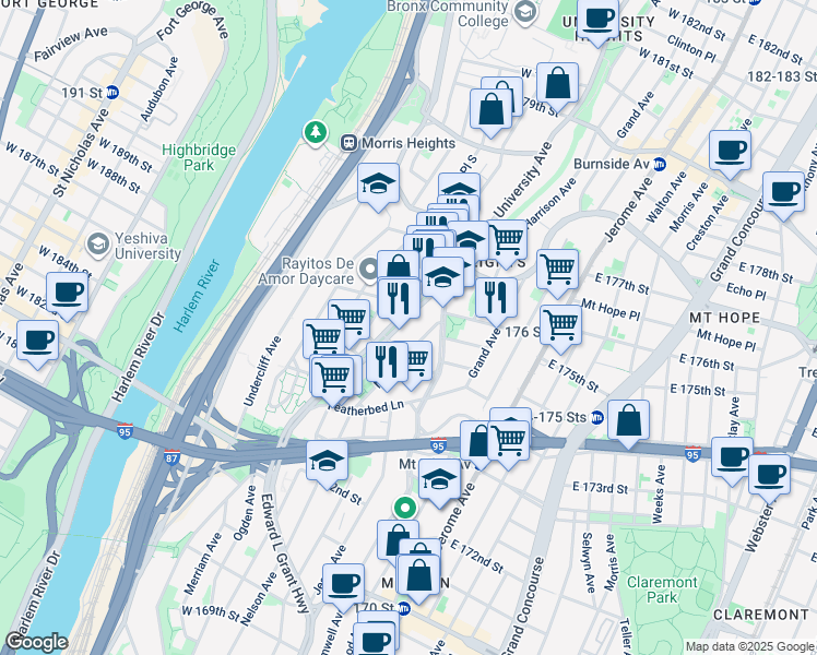 map of restaurants, bars, coffee shops, grocery stores, and more near 1696 Nelson Avenue in Bronx