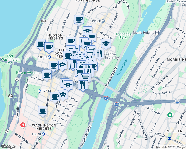 map of restaurants, bars, coffee shops, grocery stores, and more near in New York
