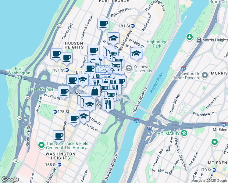 map of restaurants, bars, coffee shops, grocery stores, and more near 517 West 180th Street in New York
