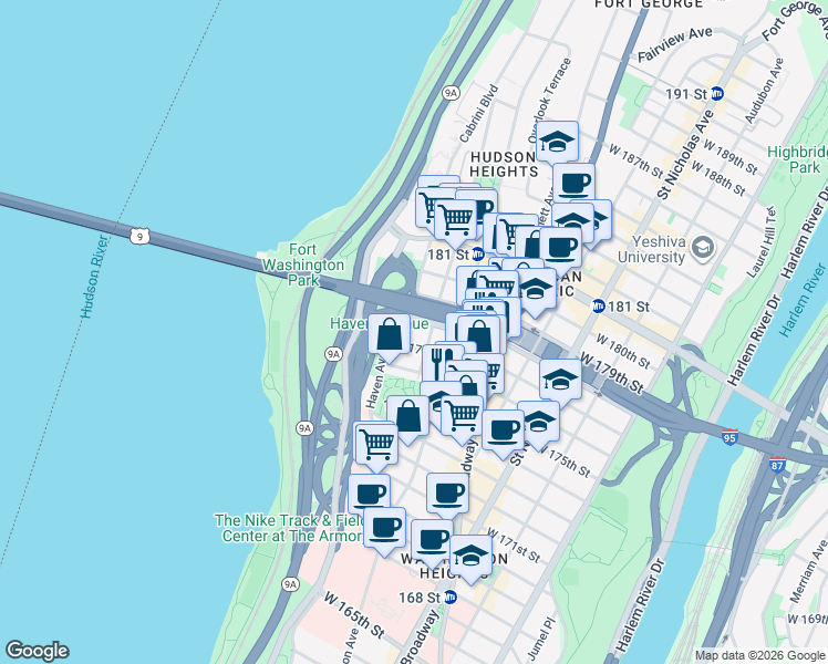 map of restaurants, bars, coffee shops, grocery stores, and more near in New York