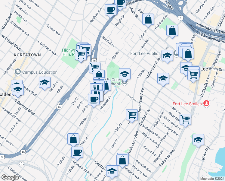 map of restaurants, bars, coffee shops, grocery stores, and more near 625 Windsor Drive in Palisades Park