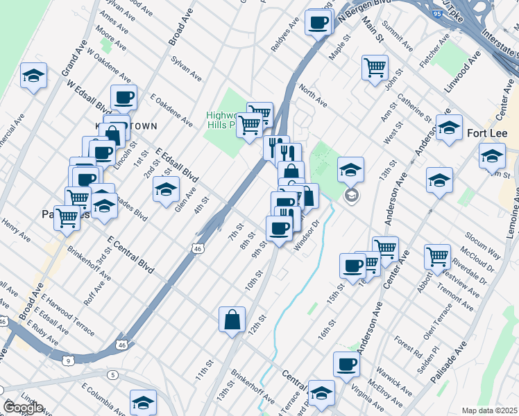 map of restaurants, bars, coffee shops, grocery stores, and more near 516 8th Street in Palisades Park