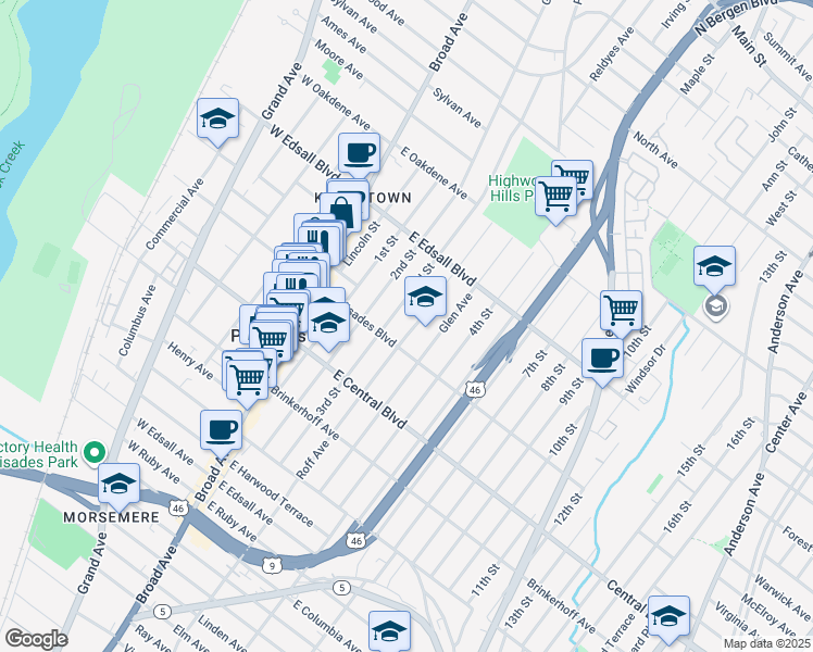 map of restaurants, bars, coffee shops, grocery stores, and more near 64B East Palisades Boulevard in Palisades Park