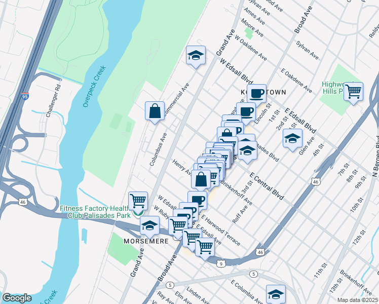 map of restaurants, bars, coffee shops, grocery stores, and more near 60 Brinkerhoff Terrace in Palisades Park