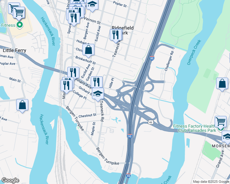 map of restaurants, bars, coffee shops, grocery stores, and more near 17 Hille Place in Ridgefield Park