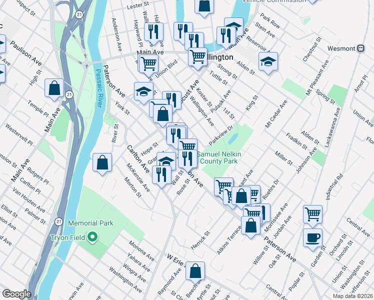 map of restaurants, bars, coffee shops, grocery stores, and more near 125 Paterson Avenue in Wallington