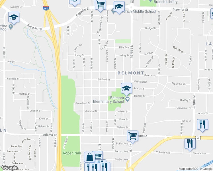 map of restaurants, bars, coffee shops, grocery stores, and more near 3631 Lewis Avenue in Lincoln