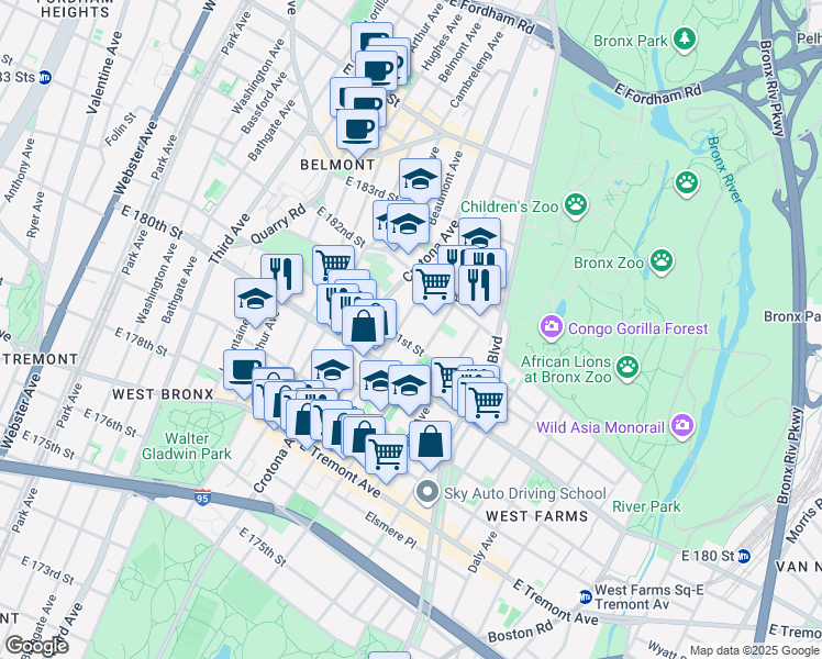 map of restaurants, bars, coffee shops, grocery stores, and more near 738 East 181st Street in Bronx