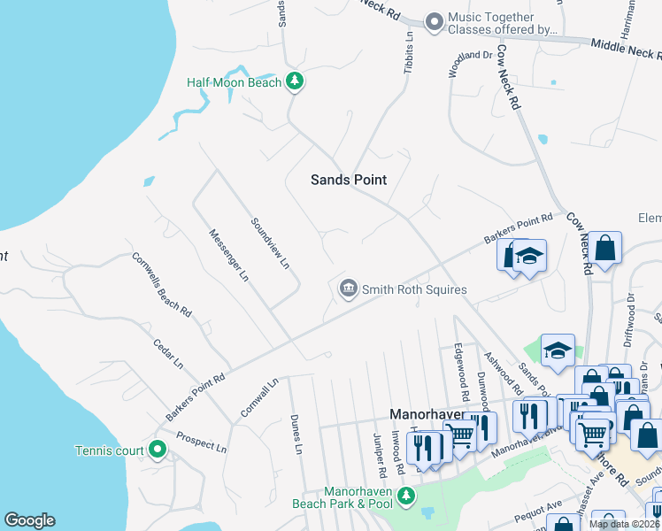 map of restaurants, bars, coffee shops, grocery stores, and more near 28 Sycamore Drive in Sands Point