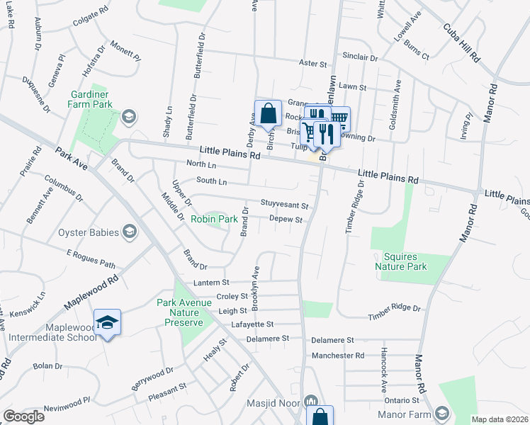 map of restaurants, bars, coffee shops, grocery stores, and more near 27 Depew Street in Huntington