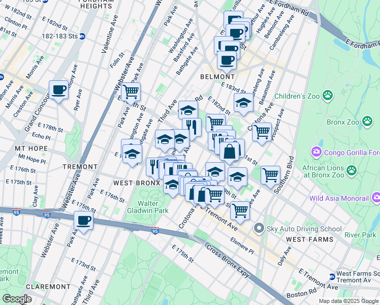 map of restaurants, bars, coffee shops, grocery stores, and more near 2023 Hughes Avenue in Bronx