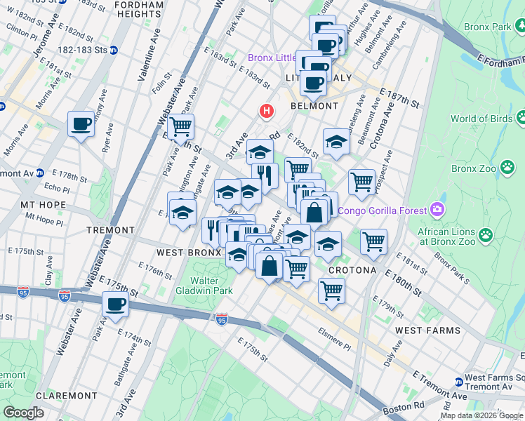 map of restaurants, bars, coffee shops, grocery stores, and more near 2023 Hughes Avenue in Bronx