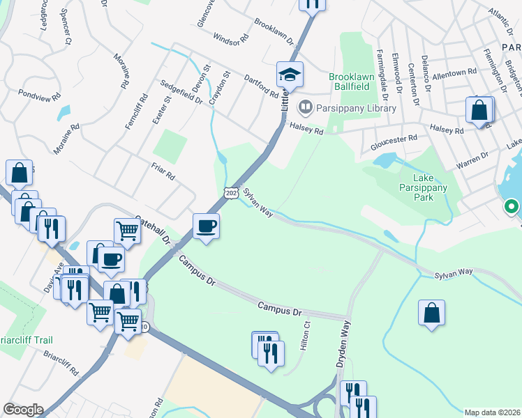 map of restaurants, bars, coffee shops, grocery stores, and more near 1 Sylvan Way in Parsippany-Troy Hills
